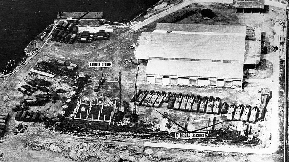 Missile stands lined up in Cuba.