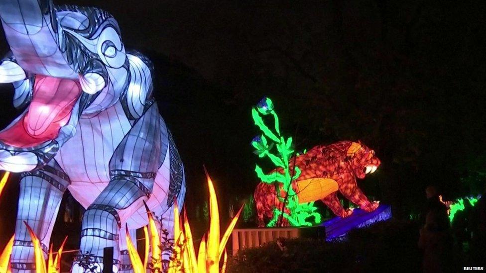 Big animals lit up as part of a fair in France