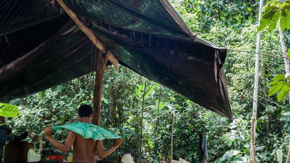 A "raspachin" (field hand) takes a break from processing coca leaves in the jungle of Putumayo