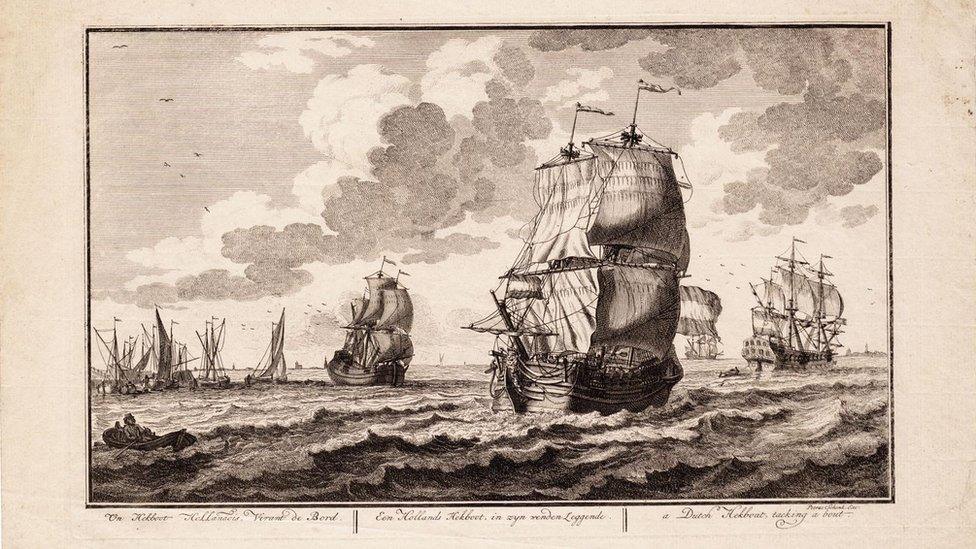 A drawing of a ship similar to the Rooswijk – a Dutch ‘hekboot’ by Adolf van der Laan in 1716.