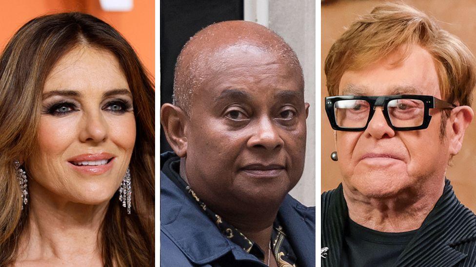 Një imazh i përbërë i pamjeve nga afër të Liz Hurley, Baroneshës Doreen Lawrence dhe Sir Elton John