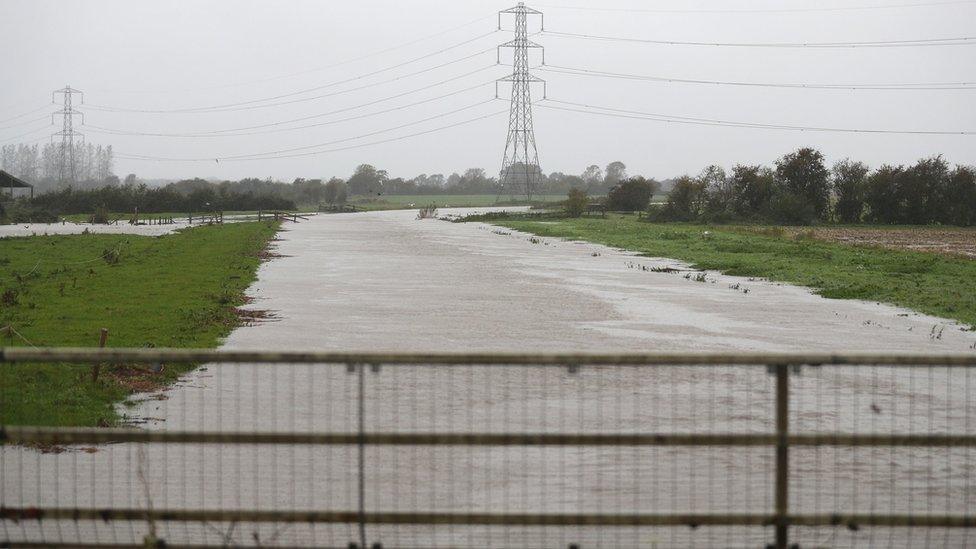 A flooded River Brue near to Westhay in Somerset