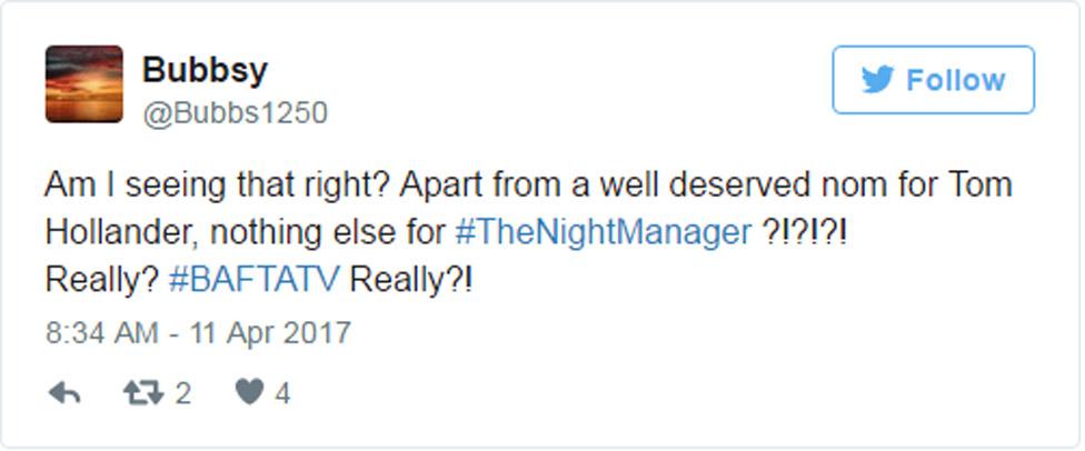 Tweet: "Am I seeing that right? Apart from a well deserved nom for Tom Hollander, nothing else for #TheNightManager ?!?!?!"