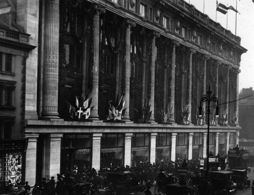 The crowded street outside Selfridges Store in Oxford Street, London, on its opening day, 15 March 1909