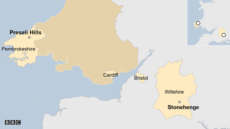 map showing distance from Preseli Hills to Stonehenge