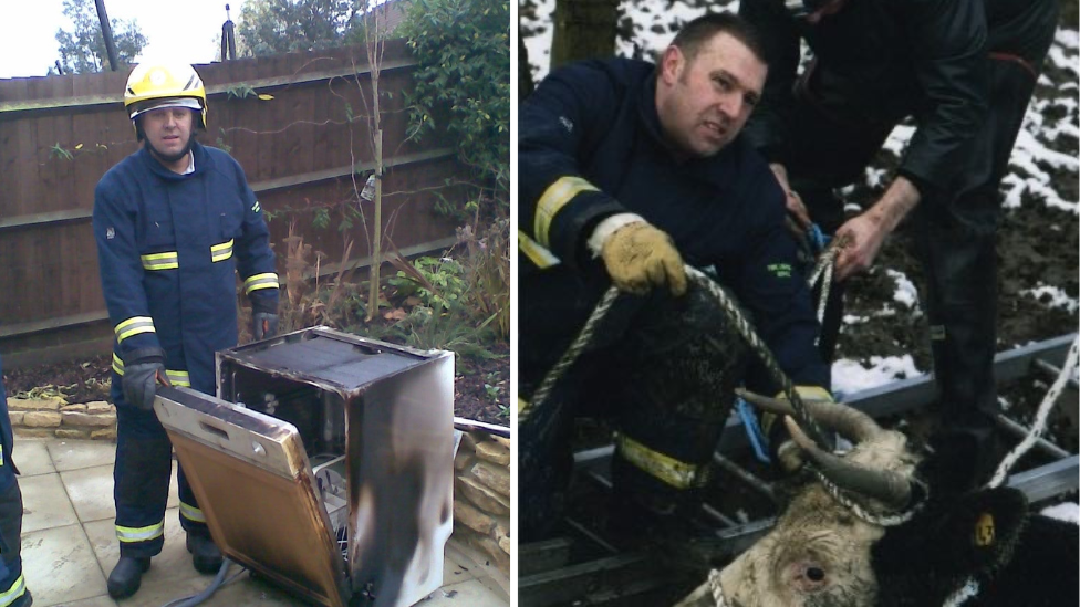 A collage showing David Wilford responding to two different incidents - a washing machine accidental fire and an animal stuck in a pond