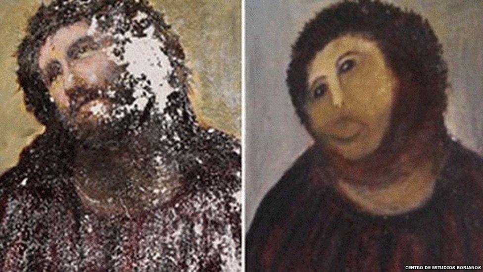 Elias Garcia Martinez's Ecce Homo (left) and the "restoration"