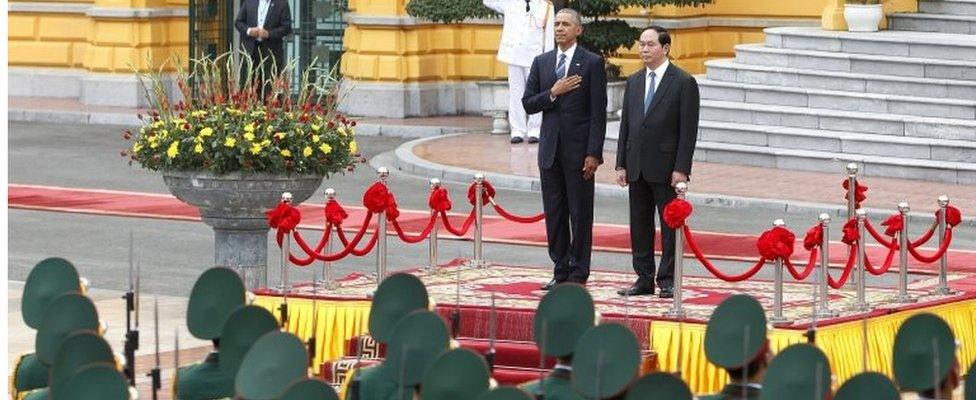 President Obama alongside Vietnamese President Tran Dai Quang in Hanoi, 22 May 2016