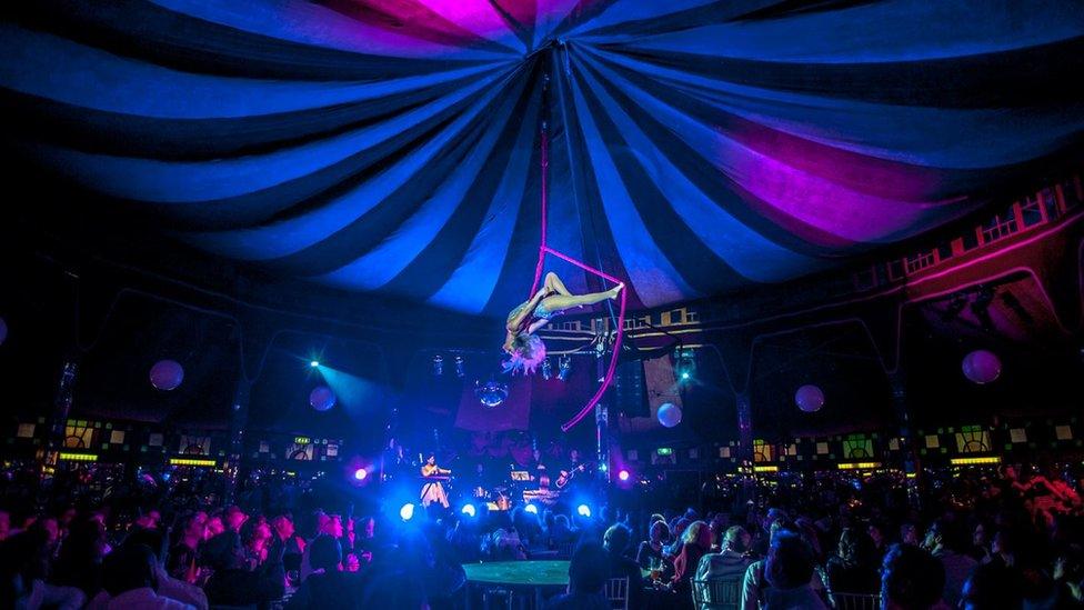 An aerial performer at the Spiegeltent