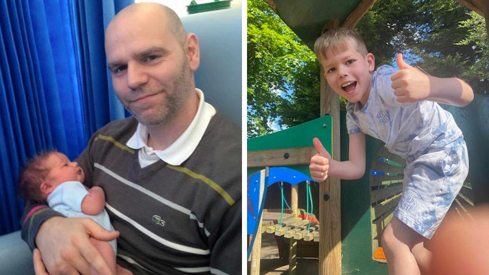 Composite image showing Carl Hillstead holding his son when he was a newborn baby in hospital and on the right Josh in more recent times, posing with his thumbs up in a playground