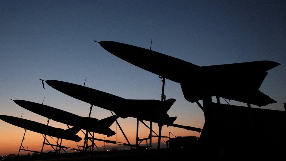 A view of drones during a military exercise in an undisclosed location in Iran