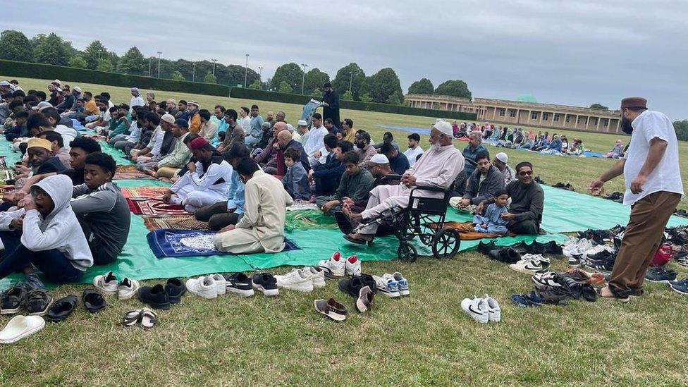 Muslims at Eid prayer in Eaton Park, organised by Al Madinha community and Hethersett Muslim community centre