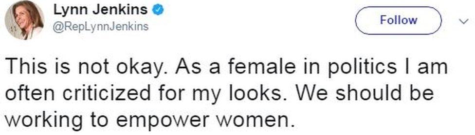 Congresswoman Lynn Jenkins of Kansas tweets: "This is not okay. As a female in politics I am often criticised for my looks. We should be working to empower women."