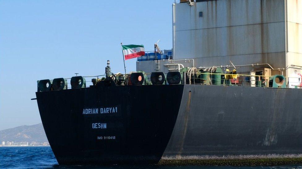 In this file photo taken on August 18, 2019 an Iranian flag flutters on board the Adrian Darya oil tanker, formerly known as Grace 1, off the coast of Gibraltar.