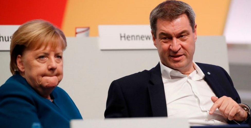 Chancellor Angela Merkel and Markus Söder at CDU congress in Leipzig, 23 Nov 19