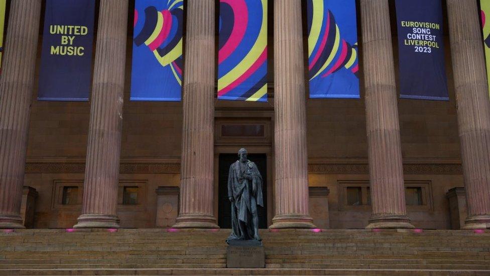 General view of St George's Hall with Eurovision banner