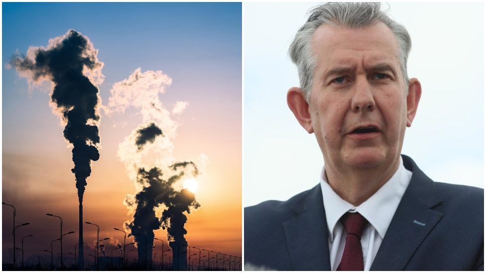 A split picture, with an image of smoke rising up against a sunlit sky on the left, and a close up image of Edwin Poots on the right