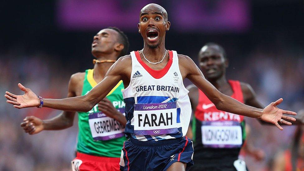 Mo Farah celebrating at the 2012 Olympics in London