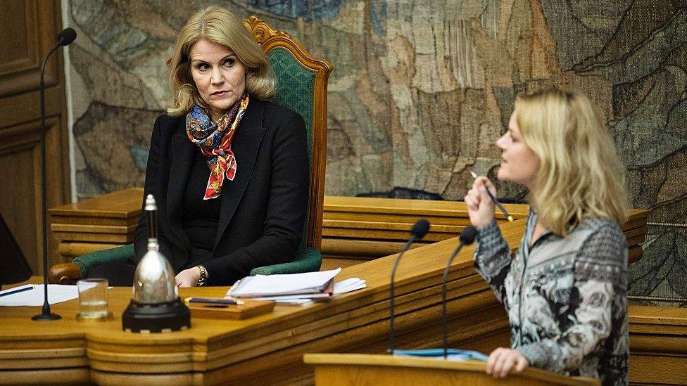 Former Danish Prime minister Helle Thorning Schmidt (L) and Johanne Schmidt Nielsen of the opposition Red-Green Alliance debate the controversial immigration bill, 13 January 2016 in Copenhagen