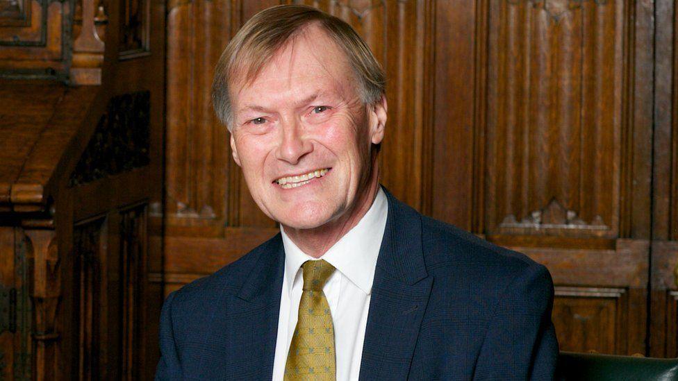 Sir David Amess wearing a golden coloured tie and a navy suit. He is standing in front of wood panelling and smiling. 