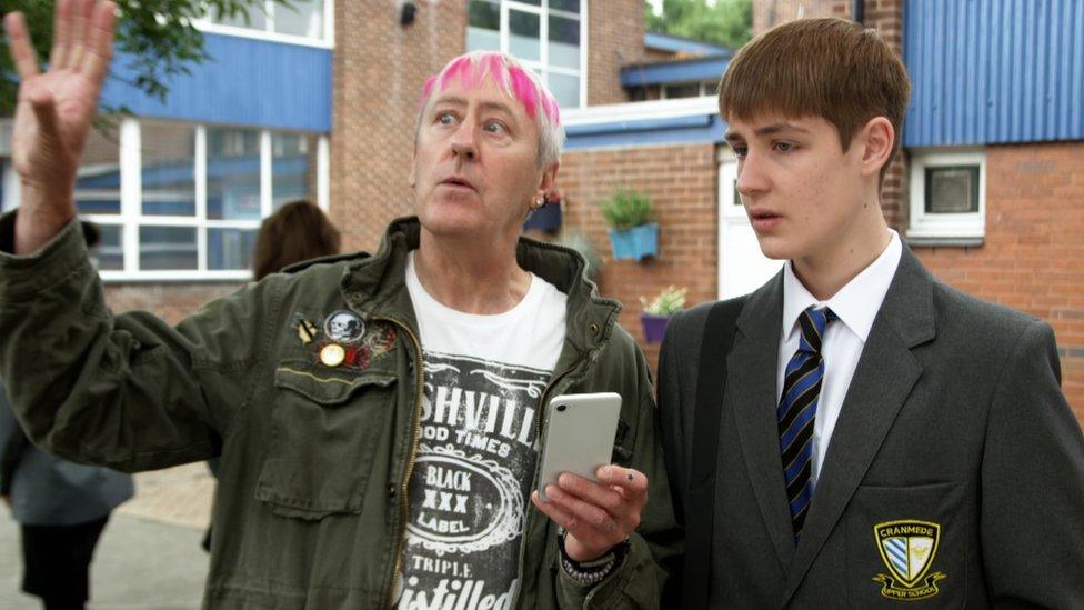 Screen grab of Archie Lyndhurst with father Nicholas Lyndhurst in So Awkward