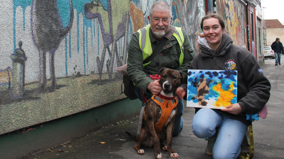 Banksy the dog with Kaya from the charity's Animal Care Team and volunteer dog walker Rob Hill