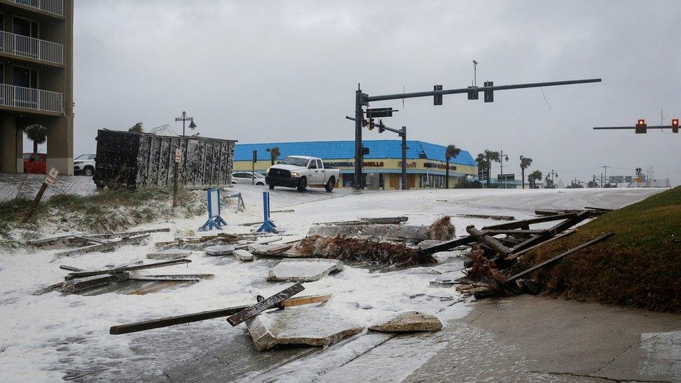 A flooded road caused by a storm surge