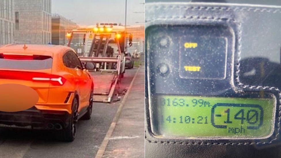 A composite showing the back view of a bright orange Lamborghini car on the left.  It is being driven into a car transporter, which has its back lowered to allow the Lamborghini to be driven onto it. On the right is a green speedometer screen reading showing 140mph in a black case.