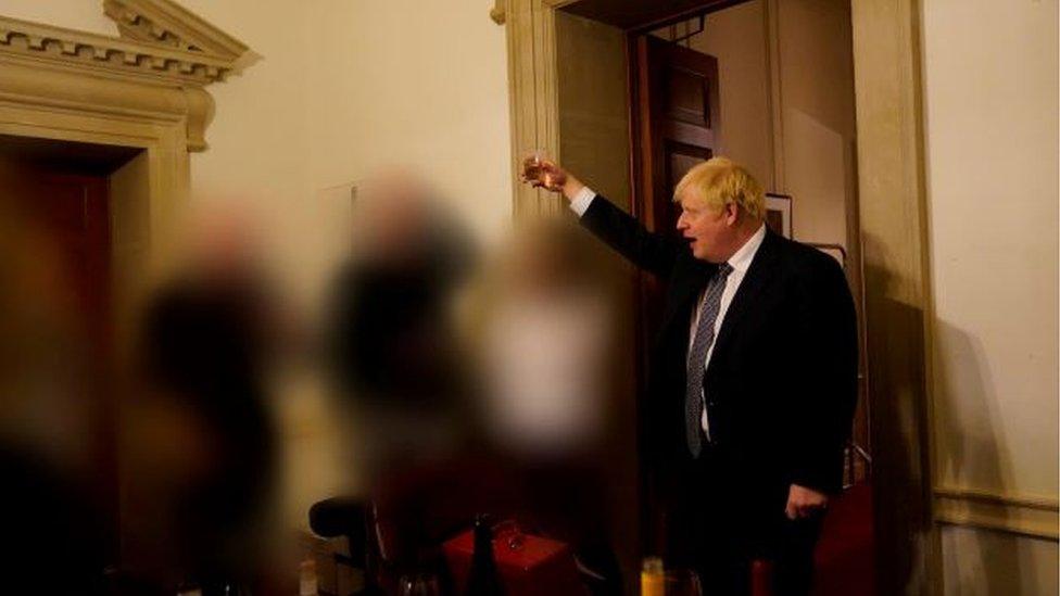 Handout photo dated 13/11/20 issued by the Cabinet Office showing Prime Minister Boris Johnson at a gathering in 10 Downing Street