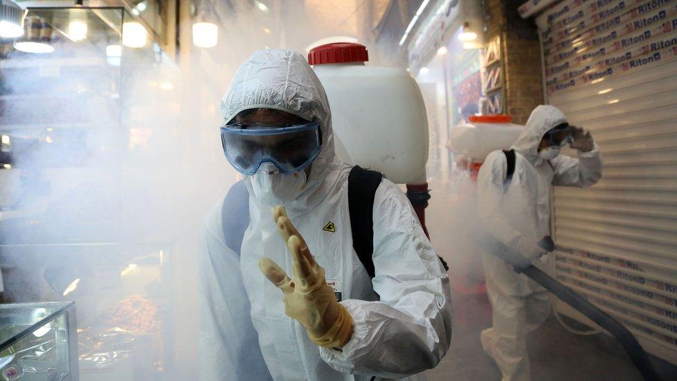 Firefighters disinfect the Tajrish Bazaar, Tehran, Iran