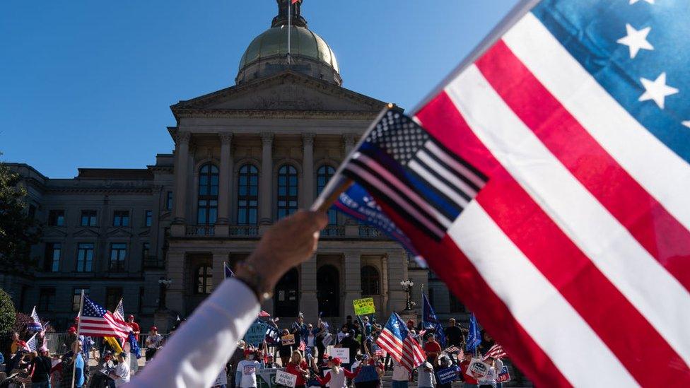 Supporters of President Trump rally against the election results outside the Georgia State Capitol on November 14, 2020