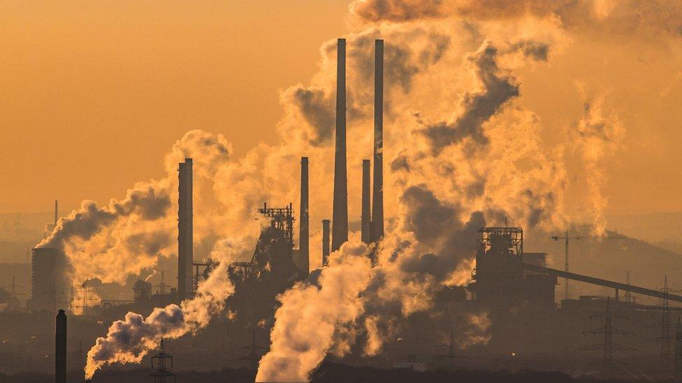 Steam and smoke rise from a chemical company in Oberhausen, Germany. January 6, 2017