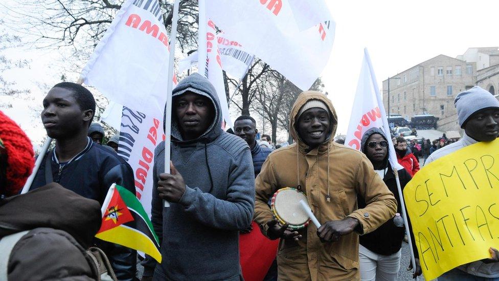 Demonstrators march during an anti-racism rally in Macerata, Italy, 10 February 2018