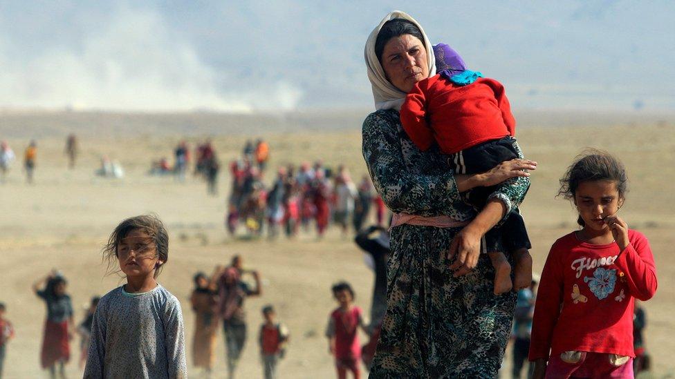 Iraqi Yazidis flee attacks by IS militants in the Sinjar region of Iraq (11 August 2014)