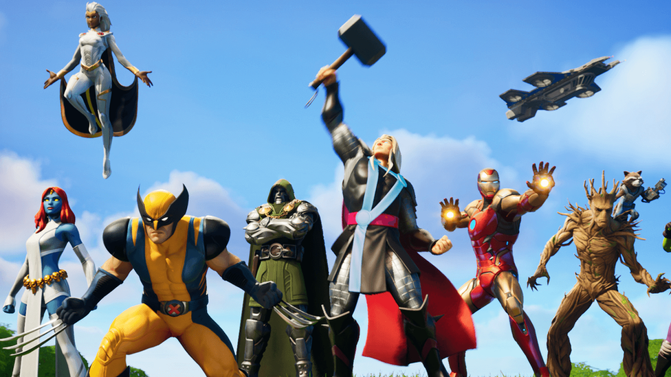 A line-up of Marvel superheroes are seen in this promotional screenshot, left to right: Mystique, Storm, Wolverine, Doctor Doom, Thor, Iron Man, Groot, Rocket Racoon, She-Hulk, with a SHIELD Helicarrier aircraft visible in the sky in the top-right