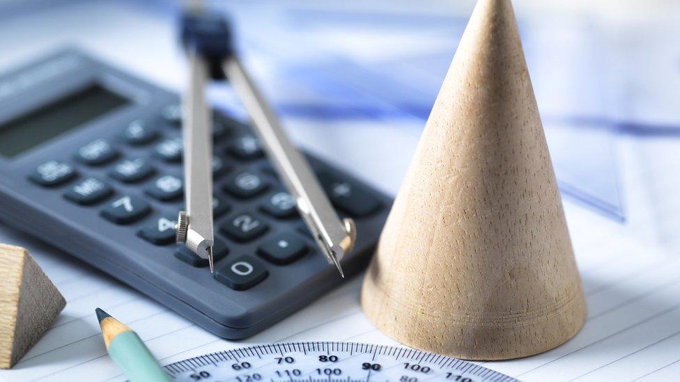 High angle view of mathematical instruments on table