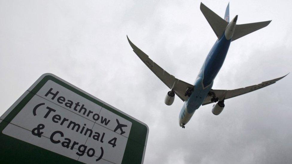 Plane flying over Heathrow sign