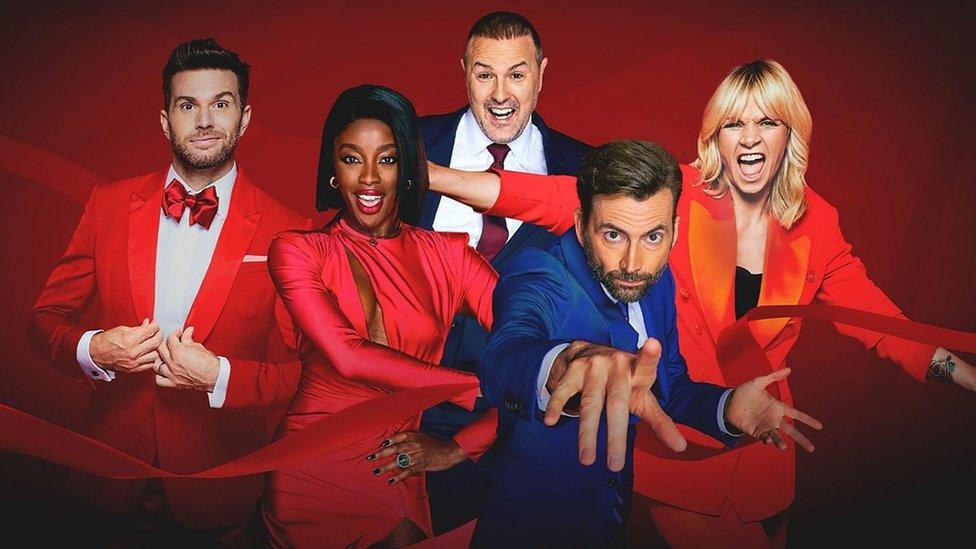 Presenters Joel Dommett, AJ Odudu, Paddy McGuiness, David Tennant and Zoe Ball