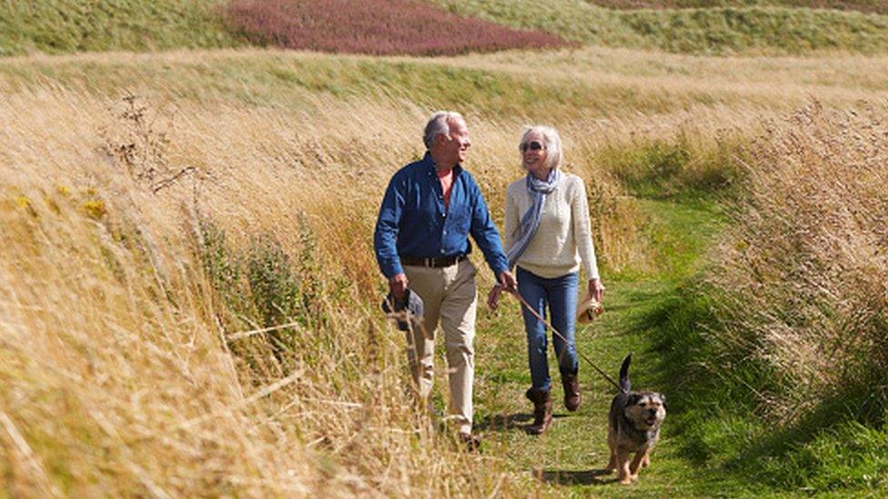 Older couple walking their dog