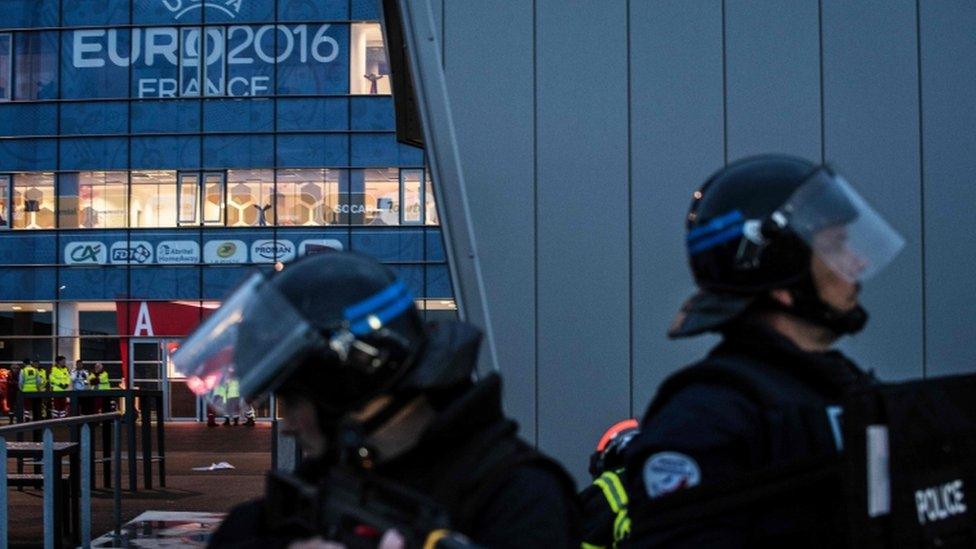 French police take part in a training exercise outside a stadium in Lyon