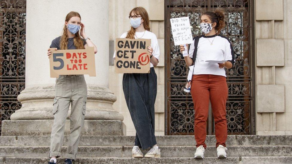 Students take part in a protest in Millennium Square, Leeds, after the government's U-turn on the calculated grades system