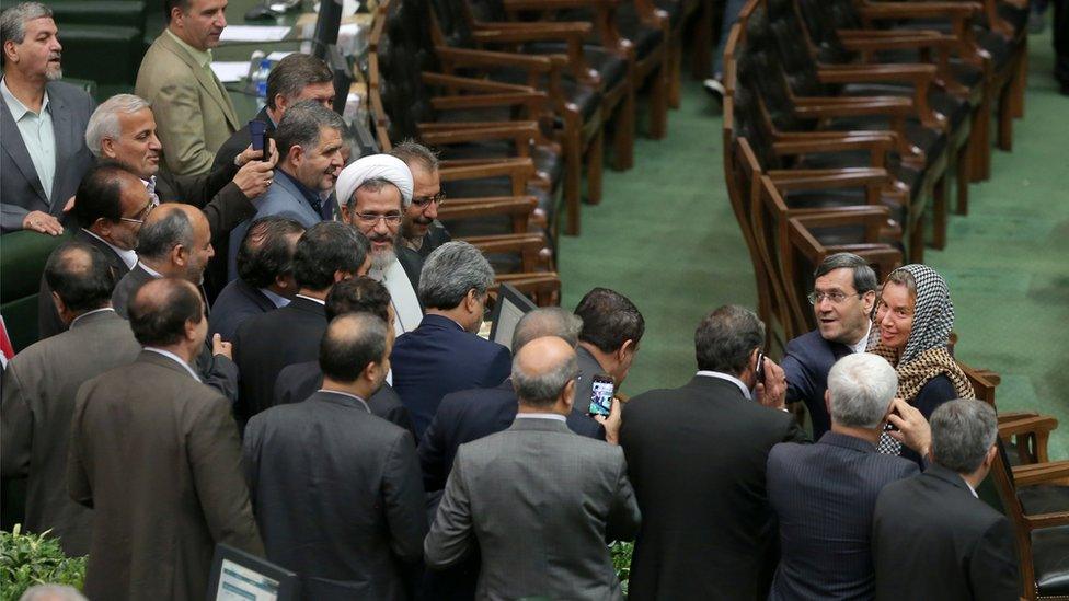 European foreign policy chief Federica Mogherini attends a swearing-in ceremony for Iranian president Hassan Rouhani for a further term, at the parliament in Tehran