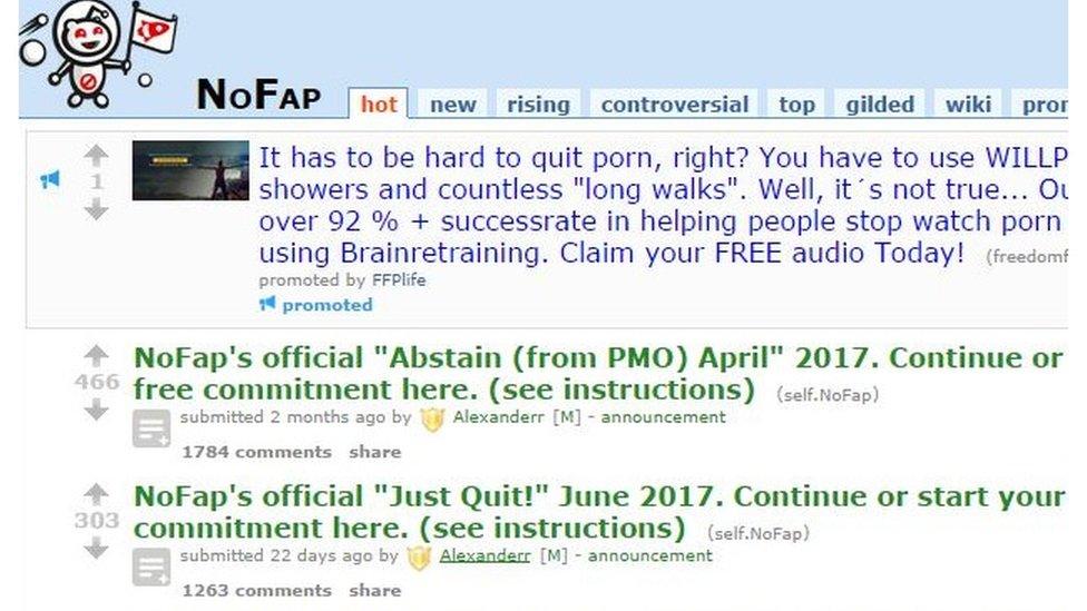 Screenshot from the Reddit group "NoFap" which has nearly a quarter of a million subscribers