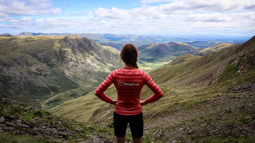 Ann Taylor looking into Langdale below Bowfell Buttress in the Lake District