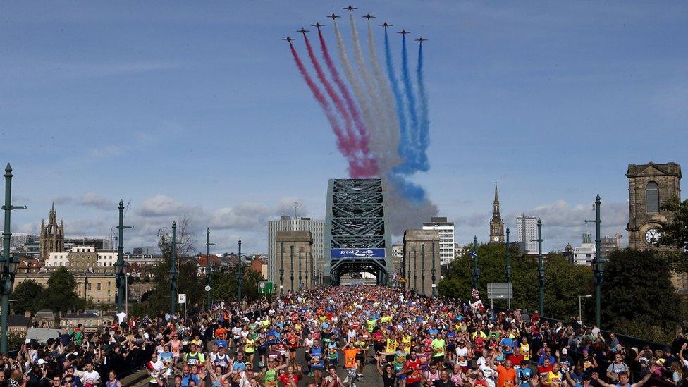 Thousands of runners cross the Tyne Bridge in the 2016 Great North Run