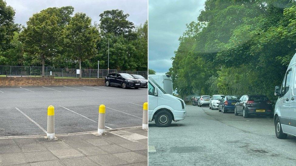 Car park with few cars (left) and back lane with parked cars (right)