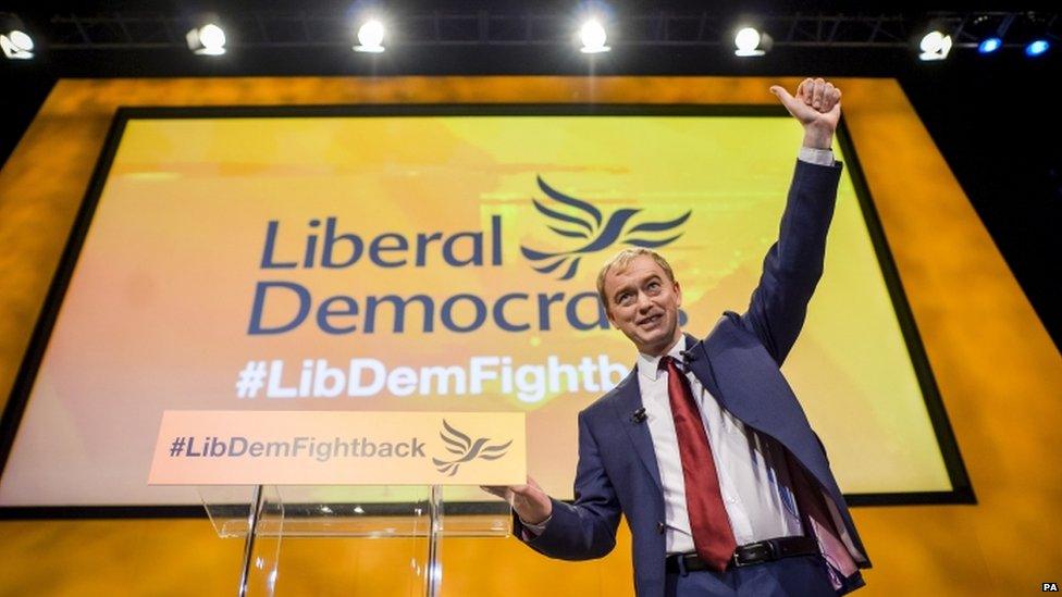 Tim Farron accepting applause after then end of his speech