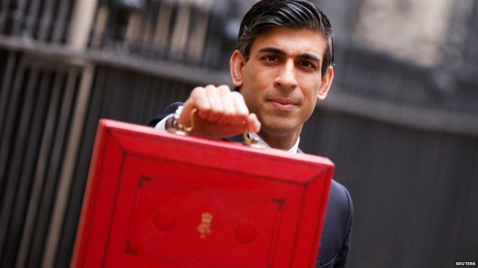 Rishi Sunak outside 11 Downing Street with red budget box