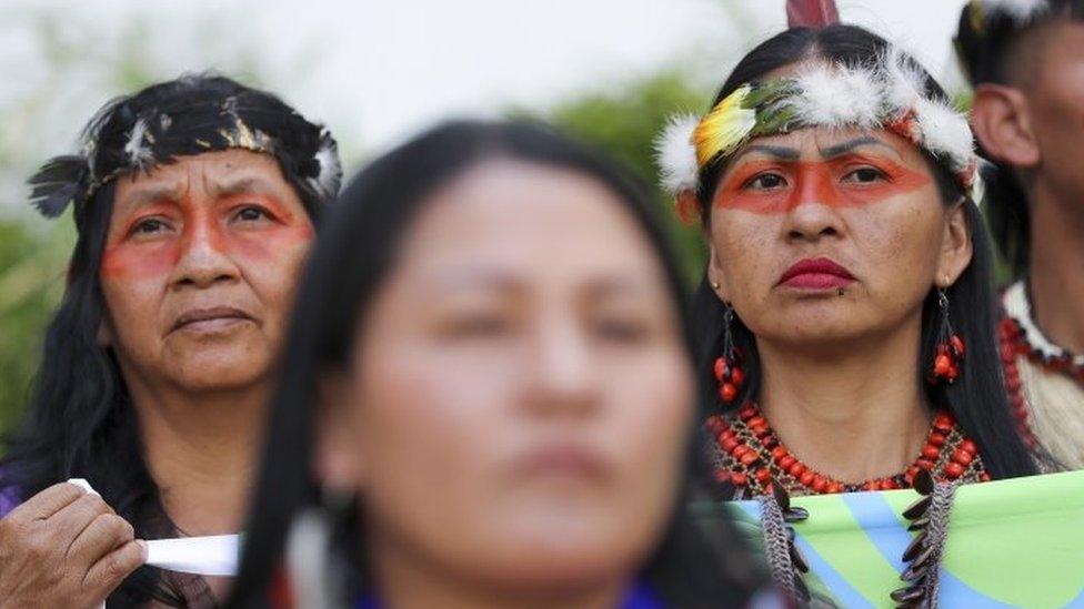 Waorani indigenous people join a caravan calling for a Yes vote in a referendum against oil drilling