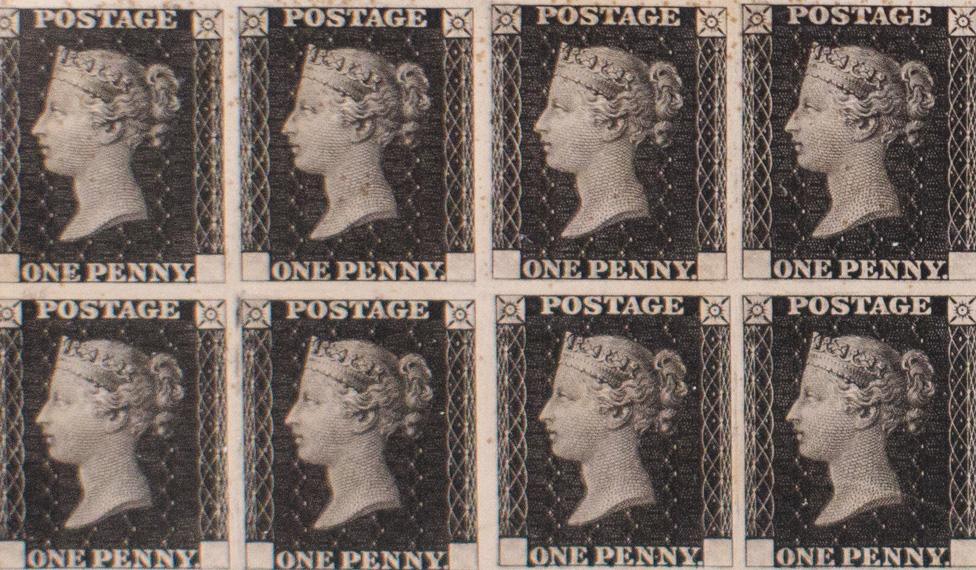 The first Penny Black stamp proof sheet, featuring Queen Victoria in profile